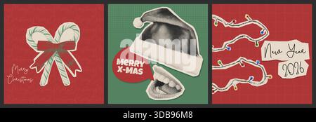 Retro Christmas collage set with halftone paper cutout art - candy canes tied by ribbon and bow, Santa hat and mouth with speech bubble on green background, garland lights with New Year 2026 note. Stock Vector