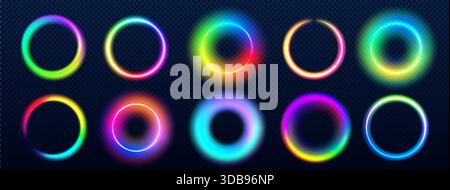 Rainbow neon rings set with glowing light effect on dark background - vibrant multicolor circular frames with gradient halos, radiant borders and luminous abstract elements for modern digital design. Stock Vector