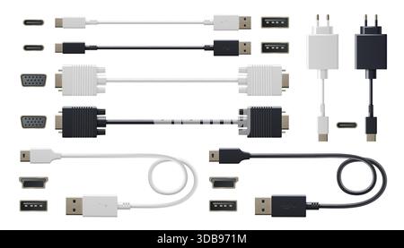 USB cable collection with type-c port connectors, VGA adapters and power plugs in black or white variants. Technology set of charging cords, data transfer wires and electronic device accessories. Stock Vector