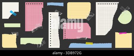 Ripped notebook paper strips with torn edges and realistic textures. Adhesive note sheets, memo labels and paper pieces with shadows. Scrapbook elements and poster frames for collage backgrounds. Stock Vector
