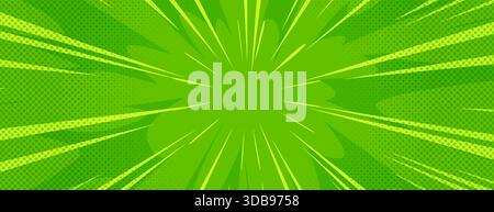 Green comic superhero background with cloud and explosion effect. Vector cartoon illustration of anime style bright color backdrop with dots and lines, super energy burst, manga hero pow, wow poster Stock Vector