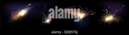 Electric welding sparks with firecracker fire explosion effect. Metal grinder sparkle and flame light bursts - realistic bright flare particles flying from torch work isolated on dark backdrop. Stock Vector