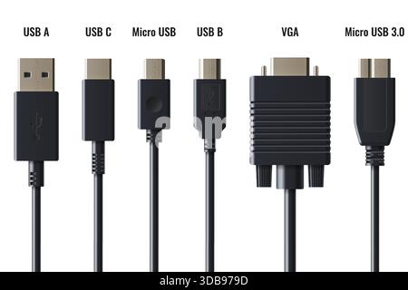 USB cable set with multiple connector types - Type A and C, Micro and USB B, VGA adapter. Black realistic modern standard cables with chrome plated ports for computer, phone and laptop connectivity. Stock Vector