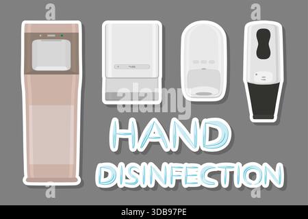 Set of different model sanitizer in soap dispenser for disinfection, disinfection consisting of accessory sanitizer in soap dispenser, sanitizer in so Stock Vector