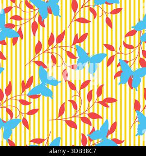Cute butterfly and leaves vector seamless pattern on stripes background Stock Vector