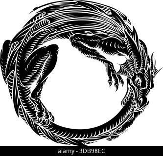 Dragon Ouroboros Vintage Style Woodcut Line Art Stock Vector