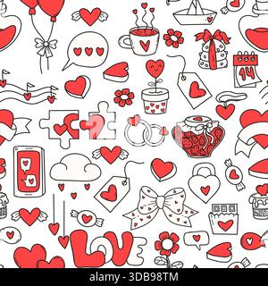Seamless Valentine Doodle Pattern. Outline Red Heart, Balloons, Wedding Rings, Love Symbols, Coffee, Sweets, Puzzle And Romantic Elements on White Bac Stock Vector