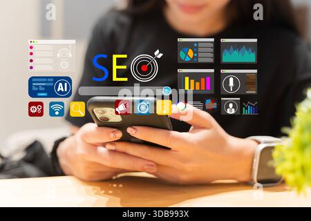 SEO and digital marketing analytics concept with smartphone and virtual dashboard icons, representing search optimization, data analysis, AI tools, pe Stock Photo