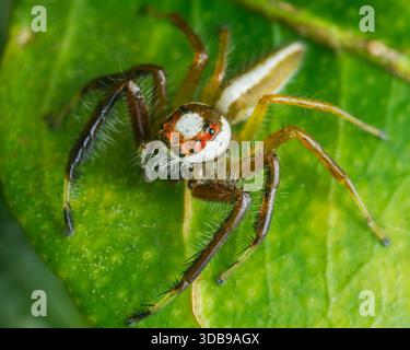 Jumping spider with vivid orange and white head and body markings perched on a bright green leaf, detailed macro wildlife portrait. Photography, no ge Stock Photo