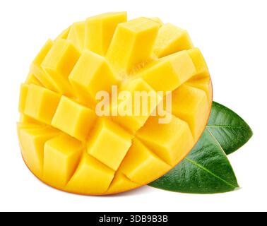 Mango fruits with green leaf isolated on white background. Mango cubes and mango half. Mango with clipping path. Mango macro studio photo Stock Photo
