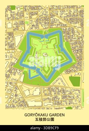 map of Goryokaku Garden, a star-shaped fort in Hakodate, Japan. The fort is surrounded by a moat filled with water, depicted in blue. Stock Vector