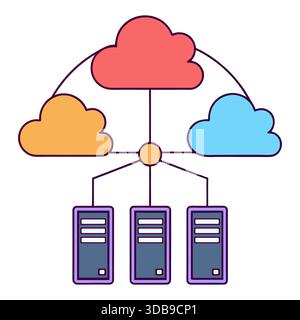 Cloud computing network with three connected servers and data storage Stock Vector