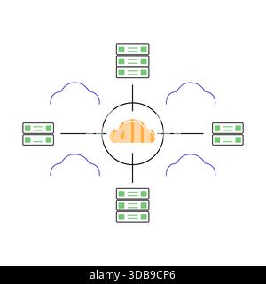 Cloud computing network with central server connecting multiple nodes Stock Vector