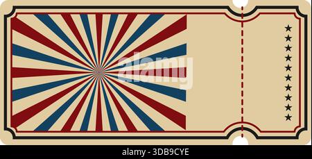 Vintage circus ticket template with retro red and blue sunburst pattern, perforated stub, black stars, and classic carnival design on beige background Stock Vector