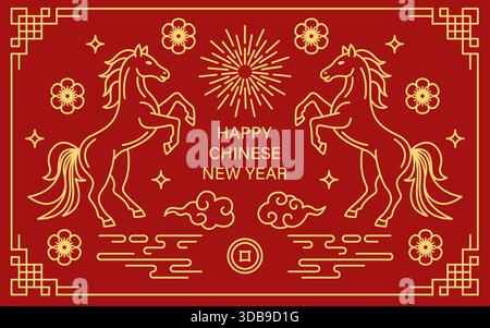Happy Chinese New Year banner with twin rearing horses, clouds, fireworks, traditional coin and plum blossoms in traditional gold line art on a red ba Stock Vector