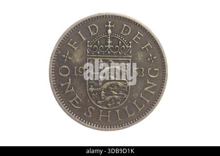 Queen Elizabeth the Second 1953 shilling - reverse - English shield Stock Photo