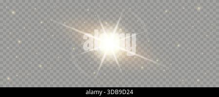 Bright sun flare, golden sunburst light effect with radiant rays, glowing particles, and sparkles on transparent background. For overlay and highlight Stock Vector
