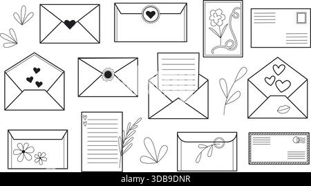 Envelopes and letters with hearts in doodle sketch style. Set of love and romantic messages. Mail messages, cards and packaging, hand drawn ink Stock Vector