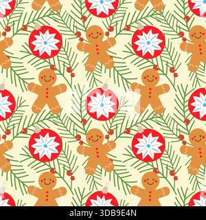New Years background with fir branches, red Christmas balls and gingerbread men creates festive Christmas atmosphere. Vector illustration Stock Vector