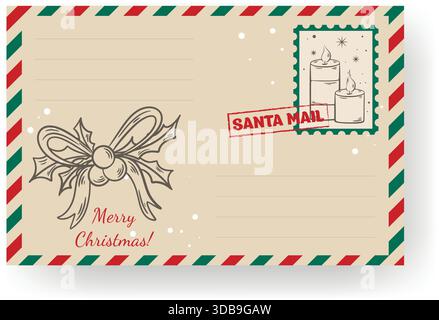 Christmas letter with holly, stamps, and postmark. Vintage hand drawn illustration on the envelope. Vector graphics Stock Vector