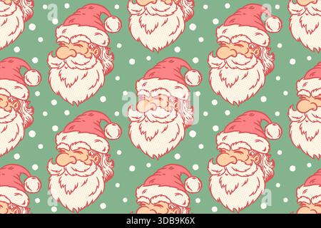 Vector vintage seamless pattern of Santa Claus and snowflakes. Retro vector pattern with Santa Claus for Christmas. Stock Vector