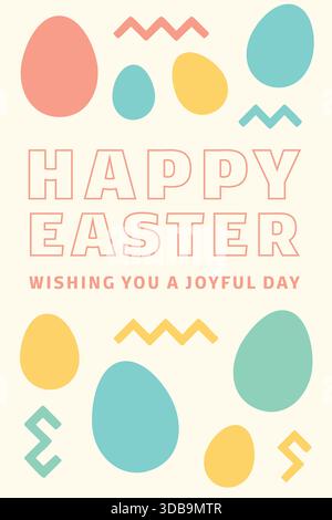 A playful holiday card featuring rounded egg shapes in soft colors surrounding the bold words happy easter. Stock Vector