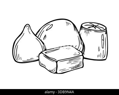Chocolate truffle candies assorted vector isolated line art black ink illustration. Monochrome hand drawn cocoa sweets of different shapes. Stock Vector
