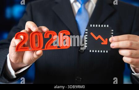 Microchip shortage in 2026. Memory chip shortage, insufficient production, and high demand for AI. Supply chain stress impacts technology markets and Stock Photo