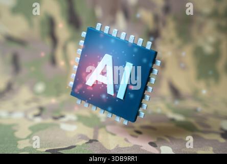 Implementation of AI in the military sphere. Artificial intelligence in the military and national defense. Advanced technologies in defense systems, a Stock Photo