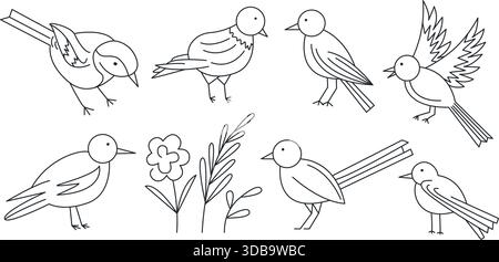Bird set in doodle sketch style. Black outline illustrations of spring birds. Coloring page. Vector elements Stock Vector