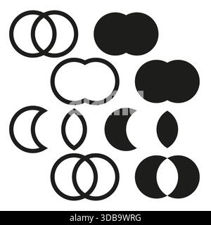 Twelve geometric shapes. Interlocking circle elements. Simple Vector illustration set. Abstract black forms. EPS 10. Stock Vector