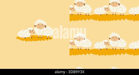 Kids pattern with mom sheep and kids baby animal. Set of farm animals print and simple pattern with cute sheep. Childish fabric design for textile, wa Stock Vector