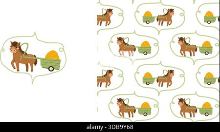 Cute coquette pattern with horse and cart of hay. Fanny farm print and pattern for nursery, girly designs. Stock Vector