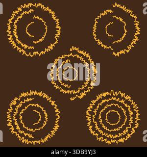 Five spiral pattern. Orange scribble line. Abstract rotation Vector shape. Dark brown background. EPS 10. Stock Vector