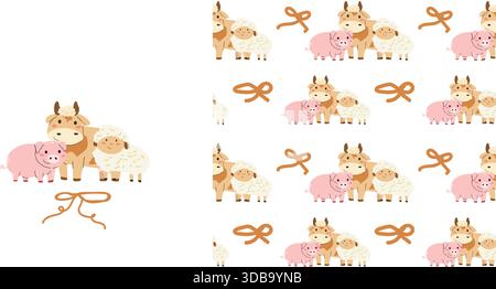 Seamless pattern with bows and farm animals print. Cute cow, sheep and pig funny design for kids. Coquette, cottage decore seamless background. Stock Vector