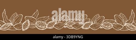 Seamless horizontal floral border with cocoa plants in linear sketch style. Hand drawn vector illustration of cocoa fruit border for wrapping, food de Stock Vector