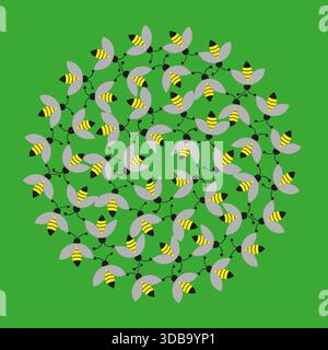 Swarming honeybee insects. Green meadow background. Group of flying bees. Vector nature concept. EPS 10. Stock Vector