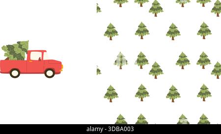Red Christmas car with spruce tree and simple xmas pattern. Vector illustration on white background. Abstract design for winter holidays. Stock Vector