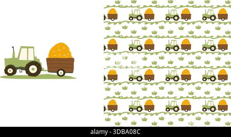 Seamless car tractor print with pattern set. Cartoon farm pattern of tractor and a cart of hay. Kids print design for cards. clothes and wallpapers. Stock Vector