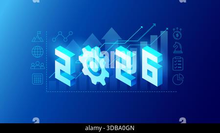 Automation 2026 year abstract business background - 3d shining 2026 logo with a gear as technology automation symbol and rising arrows and charts in t Stock Vector