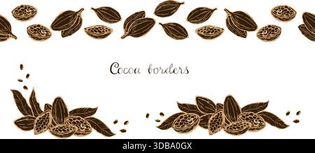 Cocoa borders set isolated. Branches and cocoa leaves, fruits, seeds in vintage linear sketch style. Engraving hand drawn cocoa plant border and compo Stock Vector