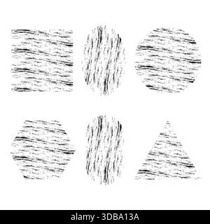 Set four grunge shapes. Abstract rough texture. Geometric stamp forms. Vector distressed elements. EPS 10. Stock Vector