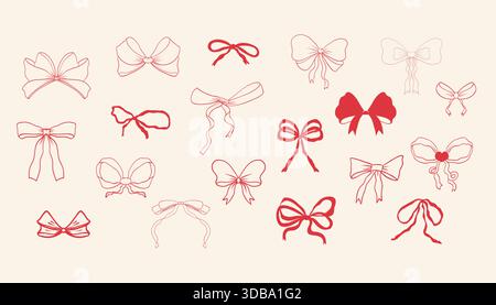 Thin red ribbon bow accessory love coquette set. Whimsical gift element romantic vintage hand drawn for romantic invitation, birthday, card, wedding design. Vector illustration Stock Vector