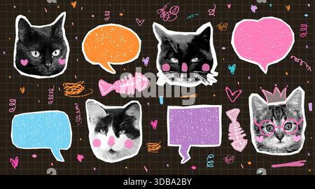Cute vector halftone cat faces collage and doodle speech bubbles, fish bones fun kitty head quirky art graphic design elements Stock Vector