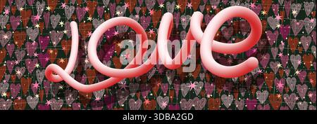 Funky hand written text  - Love on a dark horizontal background with hearts and shiny stars, vector romantic design for Valentine's day banners Stock Vector