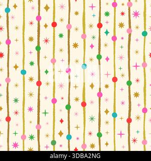 Dots, sparkles and stars on cream colored background, Cute striped birthday or Christmas vector seamless pattern for packaging and wrapping paper Stock Vector