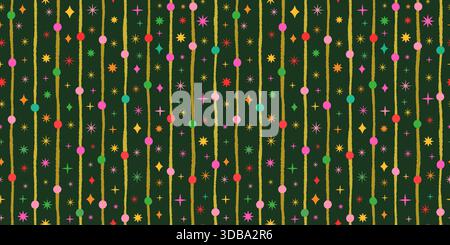 Colorful dots, stripes, sparkles and stars on dark background, Cute Christmas or birthday vector seamless pattern for banners and package design Stock Vector