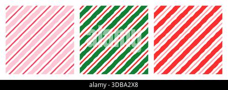 Red, green and pink diagonal stripes vector seamless pattern set, Candy cane holiday backgrounds Stock Vector