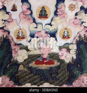 Gods from the mandala; Hand gestures and recites mantras,to the appearance of gods that occupy the mandala.Vajrayana Buddhism.Made for the initiation of a Mongolian prince in the 18th century.Exchange between Chinese, Mongolian and Indo-Tibetan cultures.(There are 53 other paintings like this one,they all are a secret guide to a Tibetan Buddhist.A Mediation ritual.)15th-century Chinese painting. Stock Photo