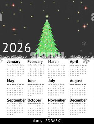 Calendar 2026 year on wall, Christmas tree and garlands. Stock Vector